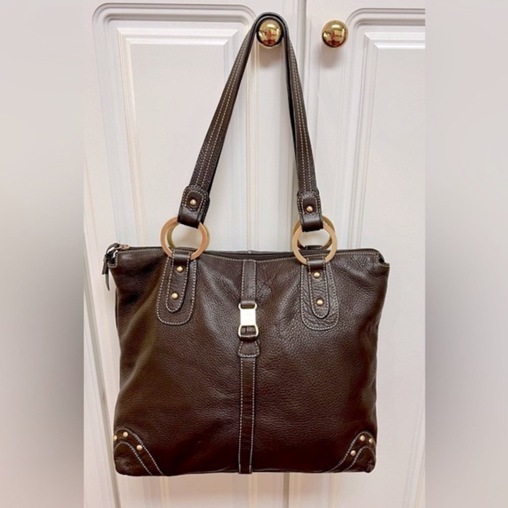 Genuine Leather dark brown pebbled finish shoulder bag tote purse by The Sak